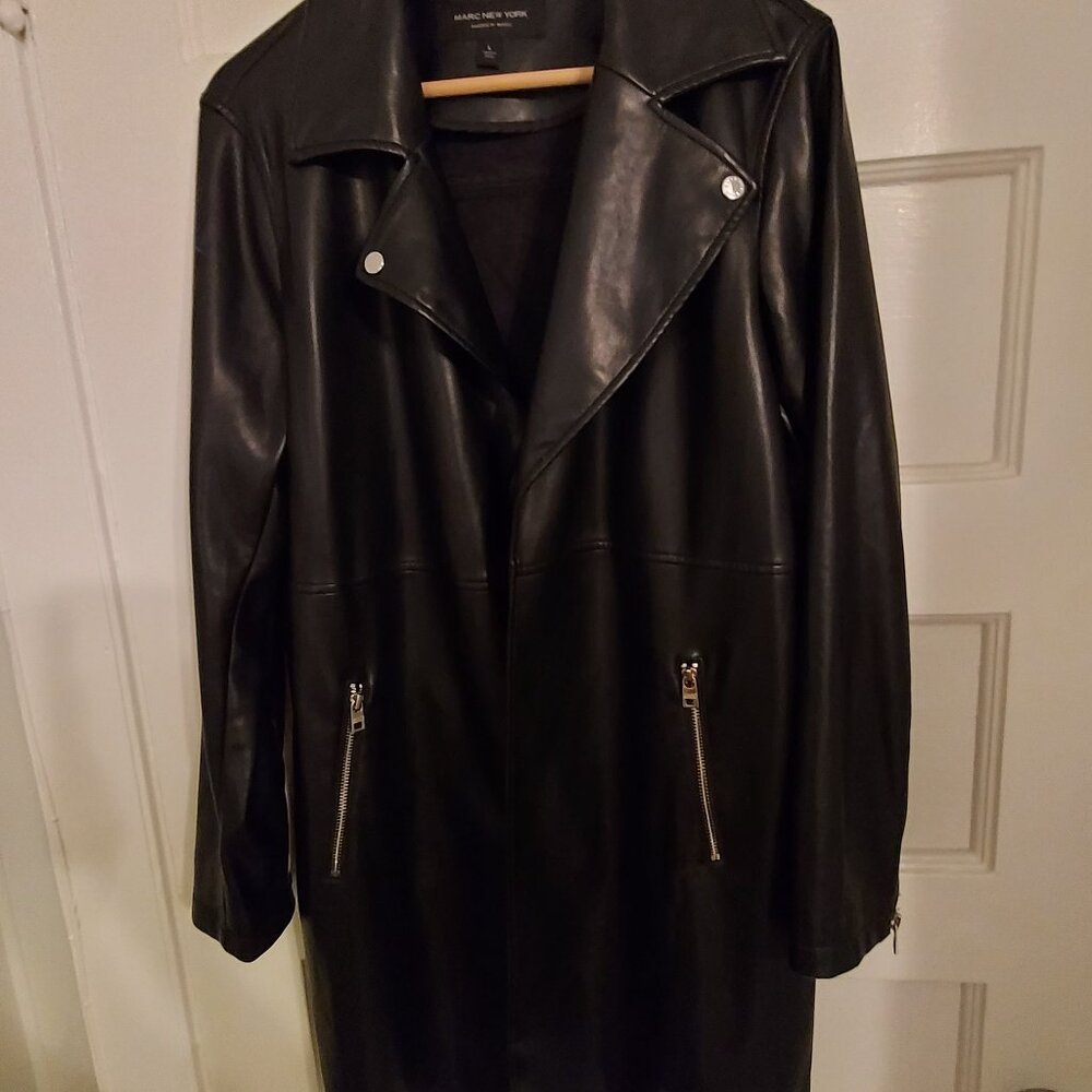 NWOT - Andrew Marc New York (L) Black Faux Leather Motorcycle Jacket Trench Coat